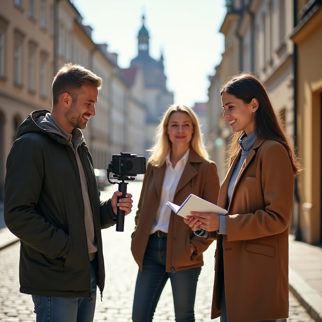 Účastníci natáčejí video venku během praktického cvičení